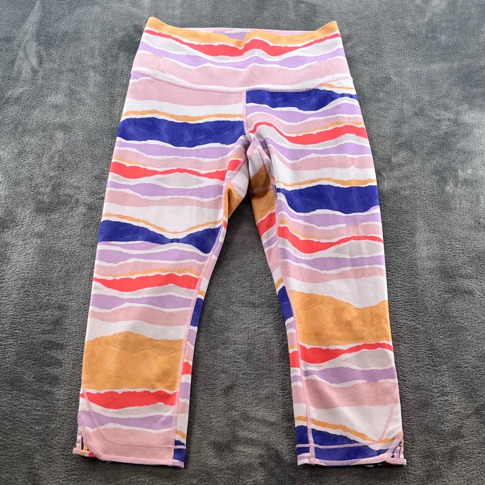 Lululemon High Rise Crop Leggings Abstract Stripe Pink Purple Size 10 Strappy